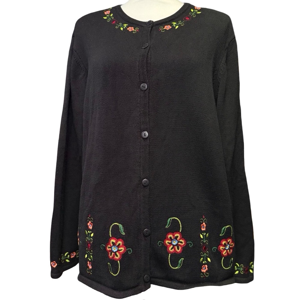 Floral Embroidered Cardigan Black Cottagecore Button Front Womens XL - Picture 1 of 9